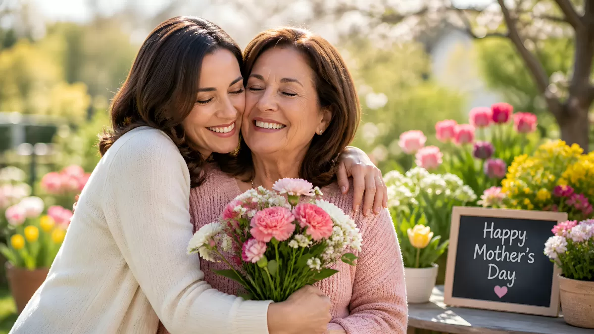 Muttertag: Mutter und Tochter umarmen sich mit Blumenstrauß