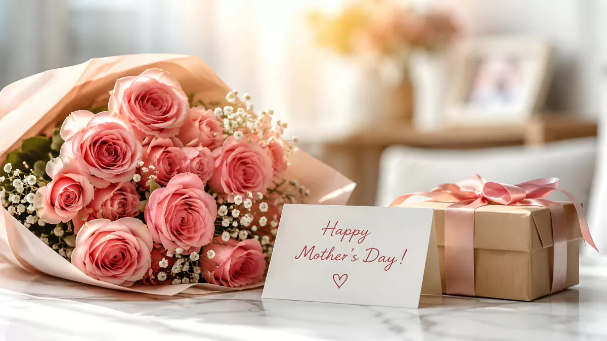 Muttertag Rosen Strauß mit Geschenk und Karte