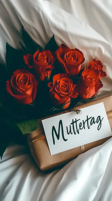 Muttertag: Rote Rosen mit Geschenk und Karte