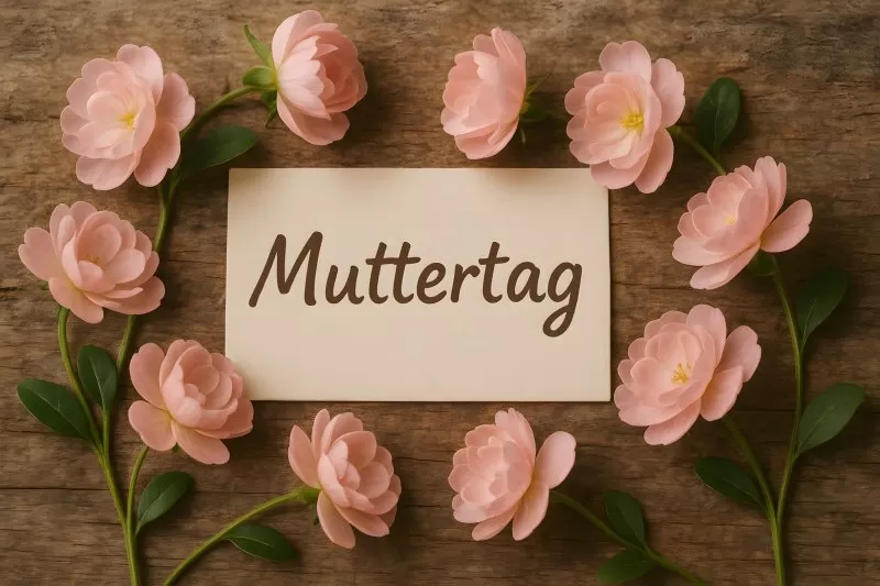 Muttertagsgruß mit rosa Blüten in Herzform auf Holz