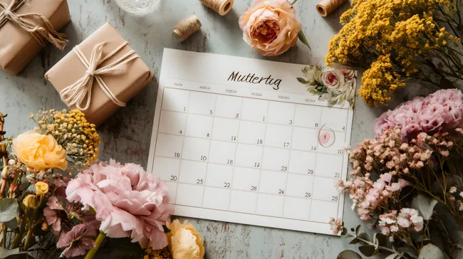 Muttertagskalender mit Blumen und Geschenkboxen