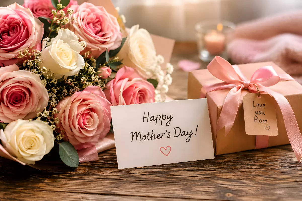 Muttertagsstrauß mit Rosen, Geschenk und Grußkarte