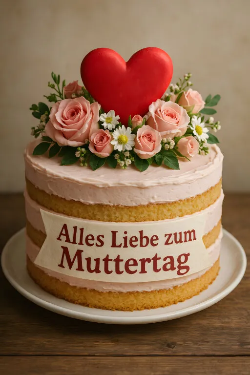 Muttertagstorte mit Herzdekor und Rosen