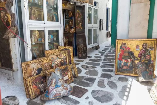 Mykonos, Greece: art shop selling Christian paintings with golden and wooden frames