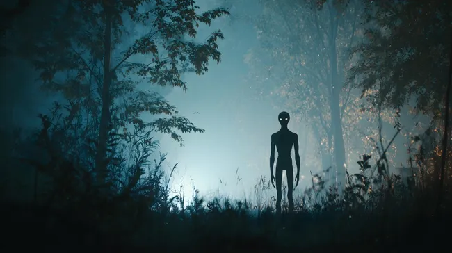 Mysteriöse Silhouette im mystischen Waldnebel