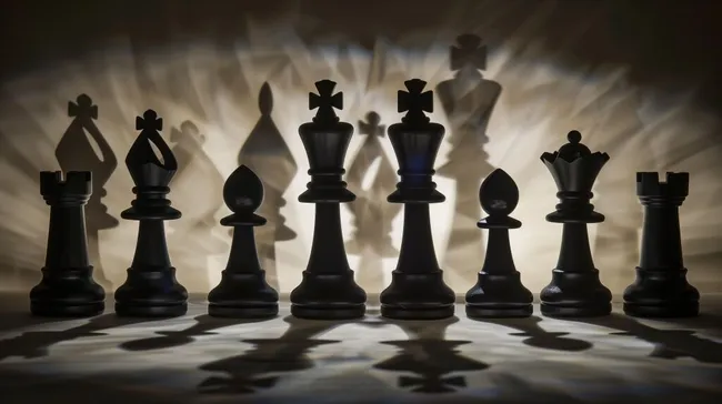 Mystische Schachfiguren-Silhouetten auf reflektierender Oberfläche