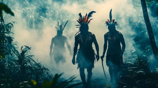 Mystische Stammestänzer im nebeligen Urwald