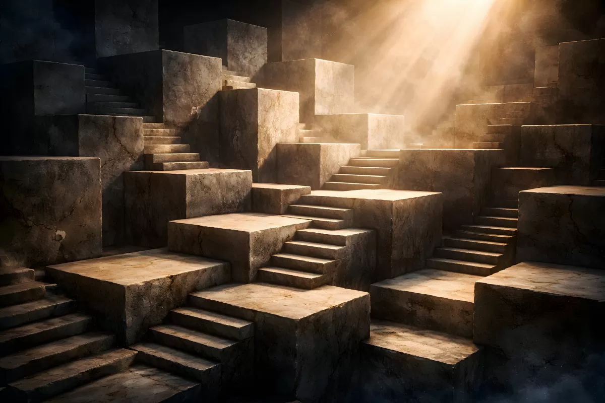 Mystische Steintreppe mit dramatischem Lichteinfall