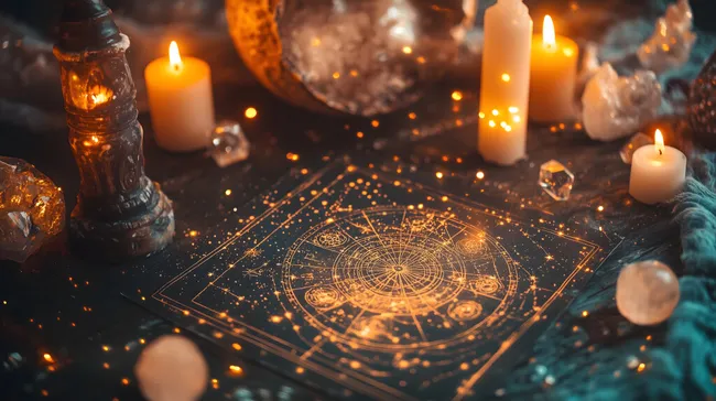 Mystischer Astrologiekreis mit Kerzen und Kristallen