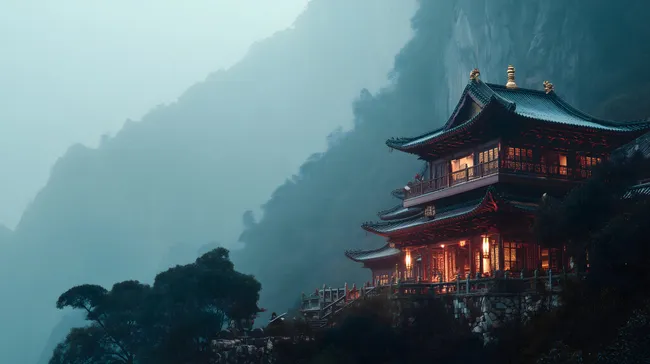 Mystischer Bergaufgang an einem chinesischen Tempel