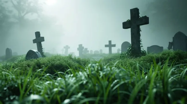 Mystischer Friedhof mit Kreuzen in nebligem Ambiente