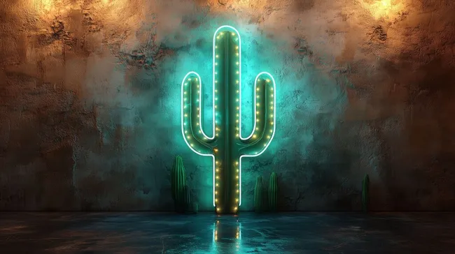 Mystischer Neon-Kaktus vor metallischer Wand