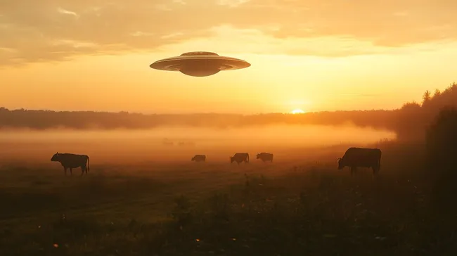 Mystischer Sonnenaufgang über Nebel-Landschaft mit Kühen