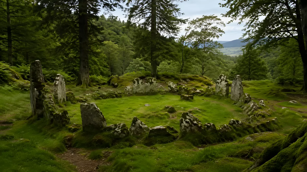 Mystischer Steinkreis im moosbedeckten Waldtal