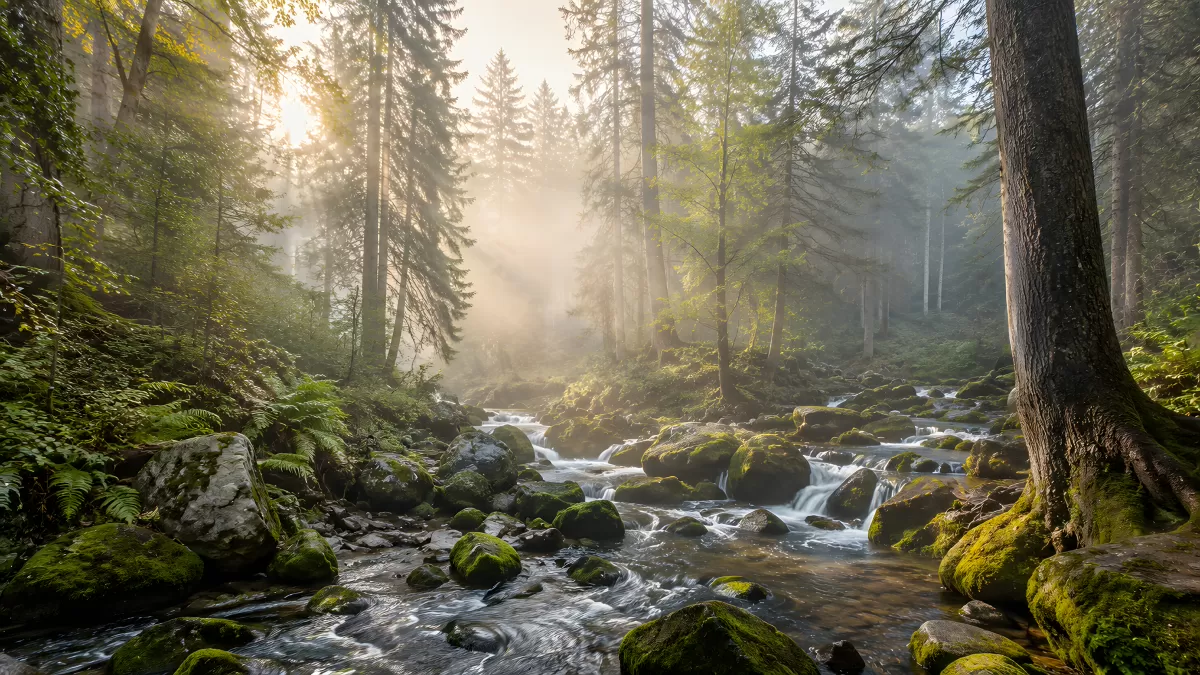 Mystischer Waldbach mit Morgennebel im Nadelwald
