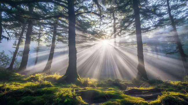 Mystischer Waldlichtung mit Sonneneinstrahlung