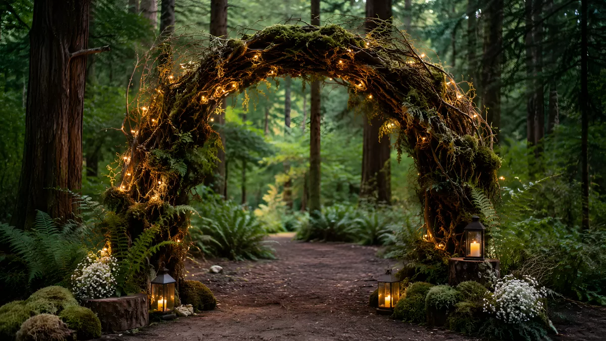 Mystischer Waldweg mit Lichterbogen aus Ästen