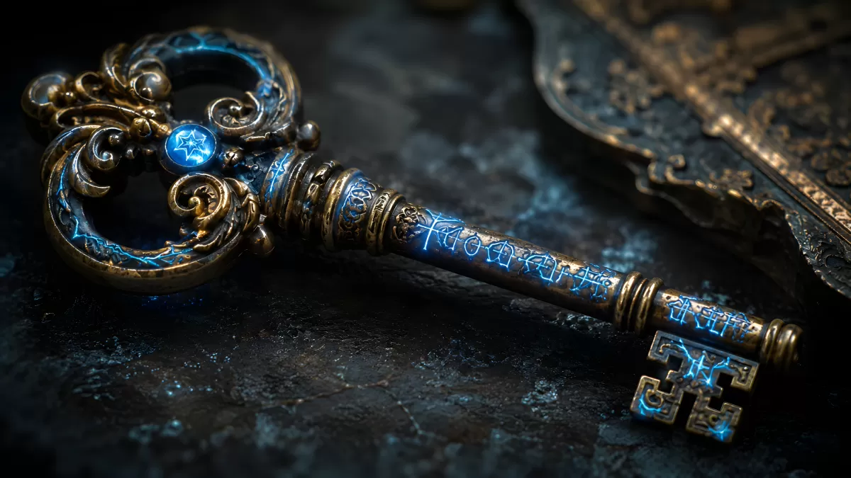 Mystischer Zauberschlüssel mit blau leuchtenden Runen
