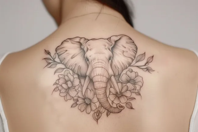 Mystisches Elefantentattoo mit zarten Blumen