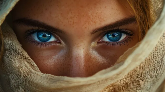 Mystisches Frauenportrait mit auffallenden blauen Augen