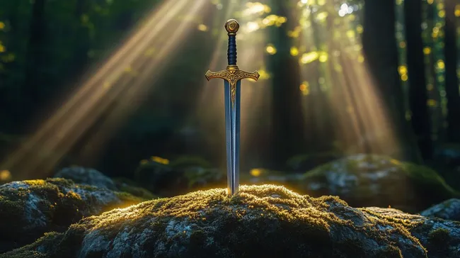 Mystisches Ritterschwert im goldenen Licht des Waldes