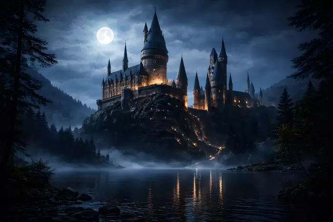 Mystisches Schloss im Mondschein wie bei Harry Potter