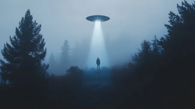 Mystisches Ufo über düsterem Wald mit Lichtkegel