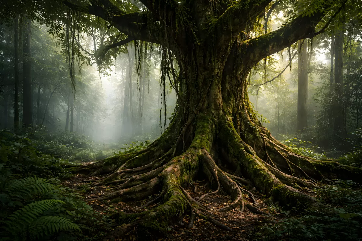 Mystisches Waldbild mit moosbewachsenem Baumriesen