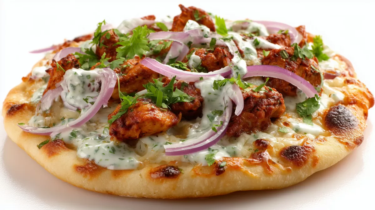 Naan Pizza mit Tandoori Hühnchen und Joghurtsauce