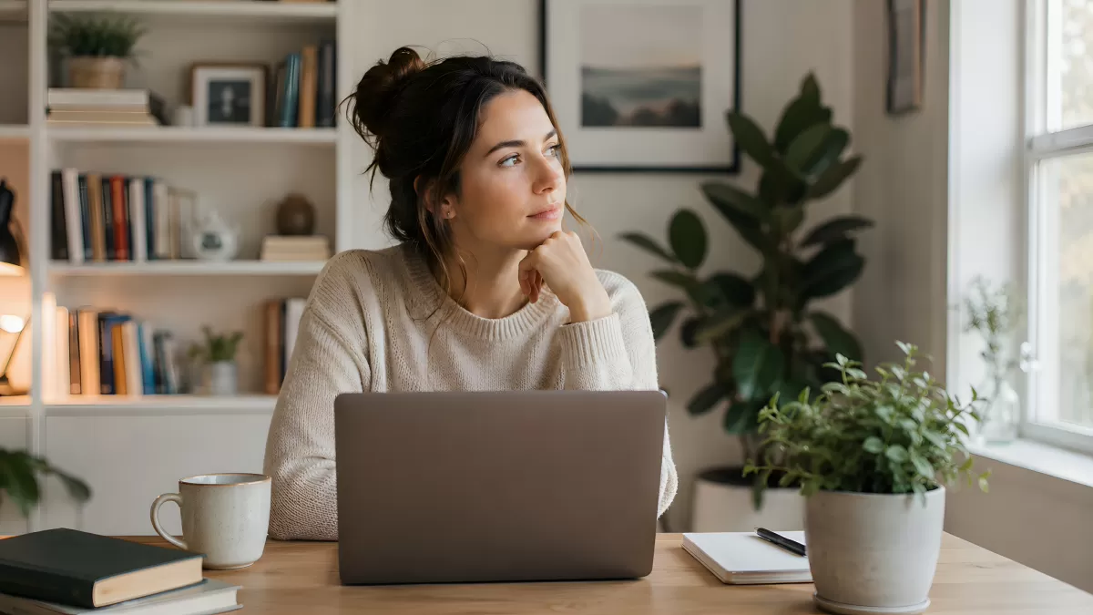 Nachdenkliche Frau arbeitet im Homeoffice am Laptop