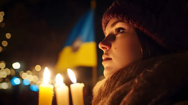 Nachdenkliche Frau bei Mahnwache für den Frieden in der Ukraine