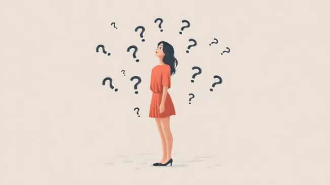 Nachdenkliche Frau im roten Kleid vor Fragezeichen