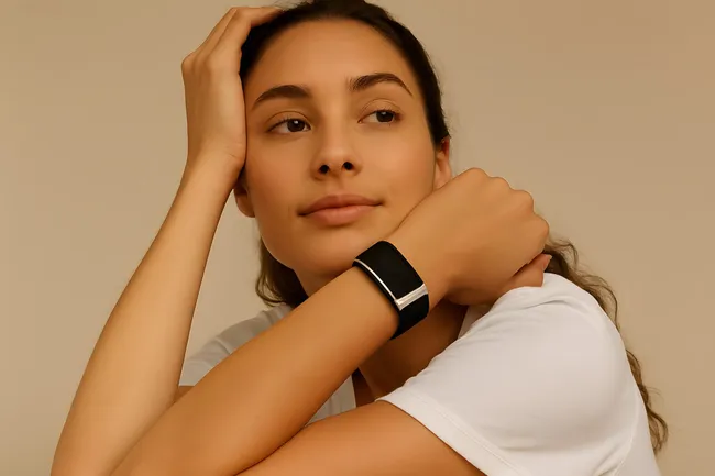 Nachdenkliche Frau mit Fitnessarmband