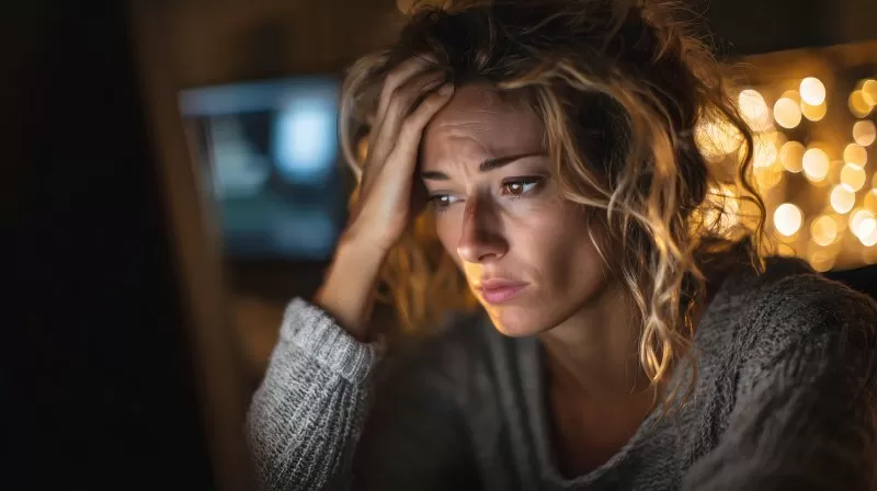 Nachdenkliche Frau vor Computer bei Nacht mit Sorgenblick