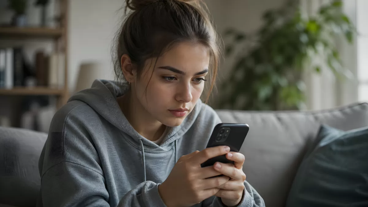 Nachdenkliche junge Frau schaut ernst auf Smartphone