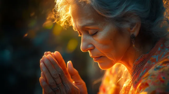 Nachdenkliche Seniorin im Gebet bei Sonnenuntergang