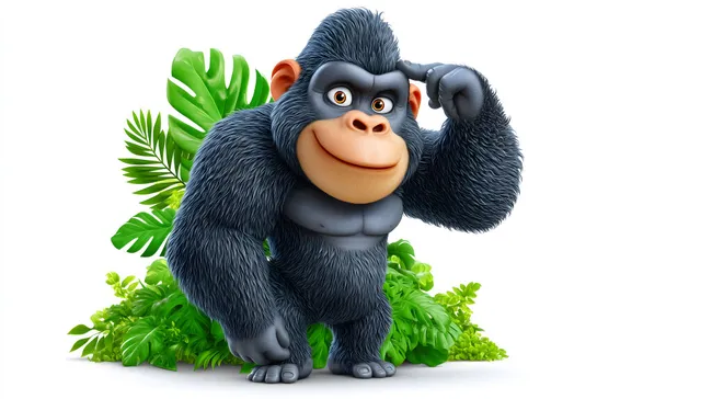 Nachdenklicher Affe sitzt umgeben von Pflanzen