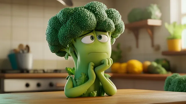 Nachdenklicher Brokkoli-Charakter in rustikaler Küche