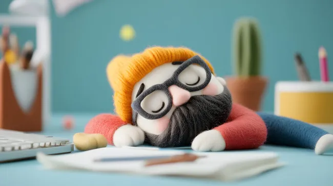 Nachdenklicher Filztroll am Schreibtisch