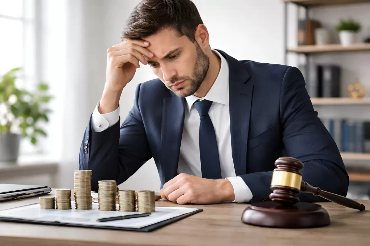 Nachdenklicher Geschäftsmann diskutiert Finanzen am Arbeitsplatz