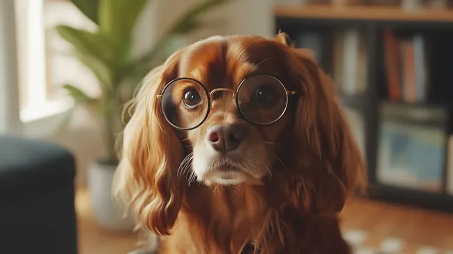 Nachdenklicher Hund mit Brille in heimischer Umgebung