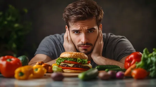 Nachdenklicher junger Mann mit Burger und Gemüse