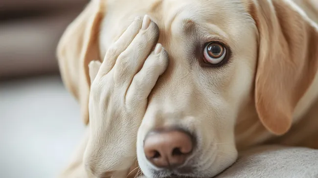Nachdenklicher Labrador mit Pfote vor dem Gesicht