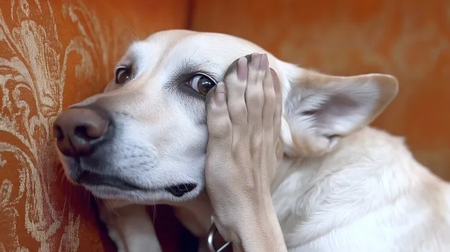 Nachdenklicher Labrador-Welpe verdeckt Augen mit Pfote