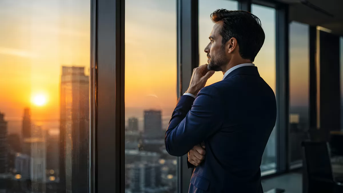 Nachdenklicher Manager am Bürofenster im Abendlicht