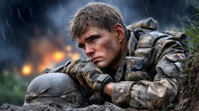 Nachdenklicher Soldat im Regen