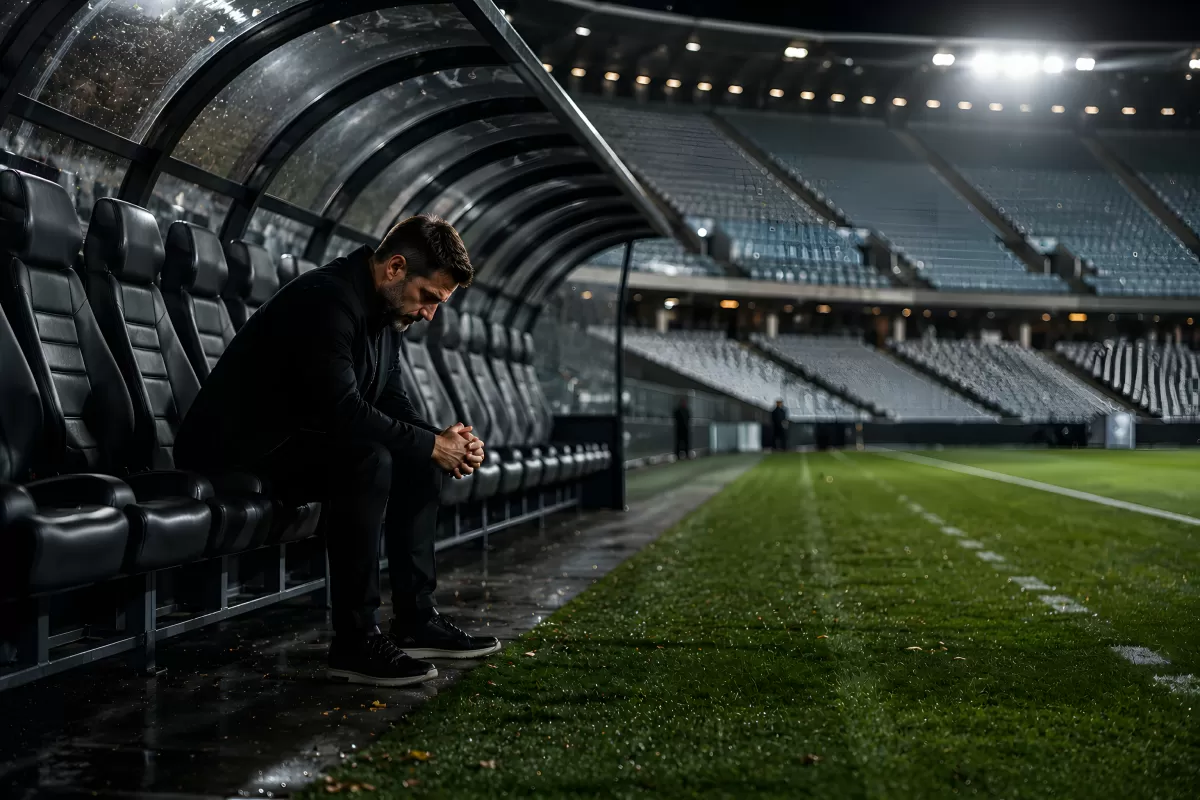 Nachdenklicher Trainer allein auf der Ersatzbank im Stadion