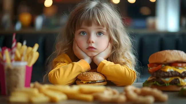 Nachdenkliches Kind mit Fast Food