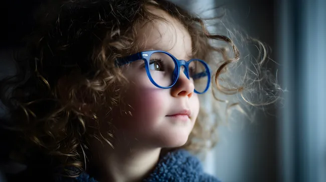 Nachdenkliches Mädchen mit Brille am Fenster