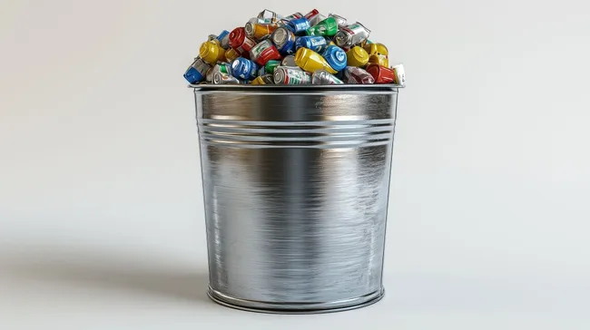 Nachhaltig sortierter Metallcontainer mit Dosen und Plastikflaschen